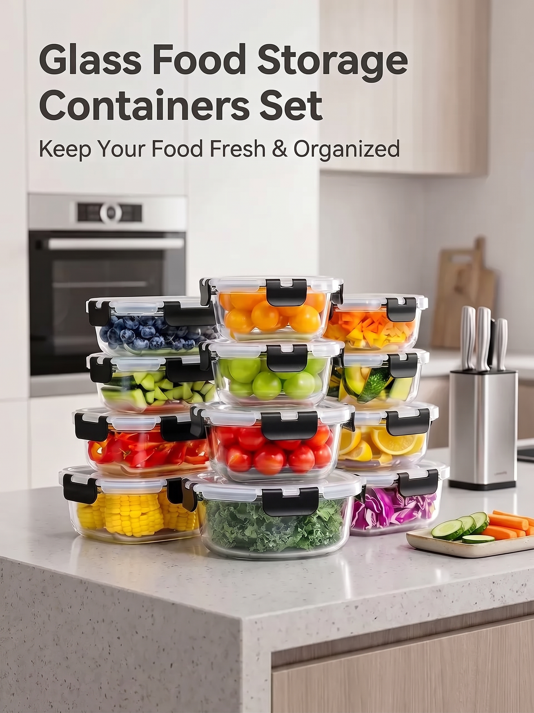Glass food storage containers organized in a kitchen
